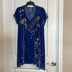 Johnny Was SOHO Embroidered draped blue velvet dress! Like New!